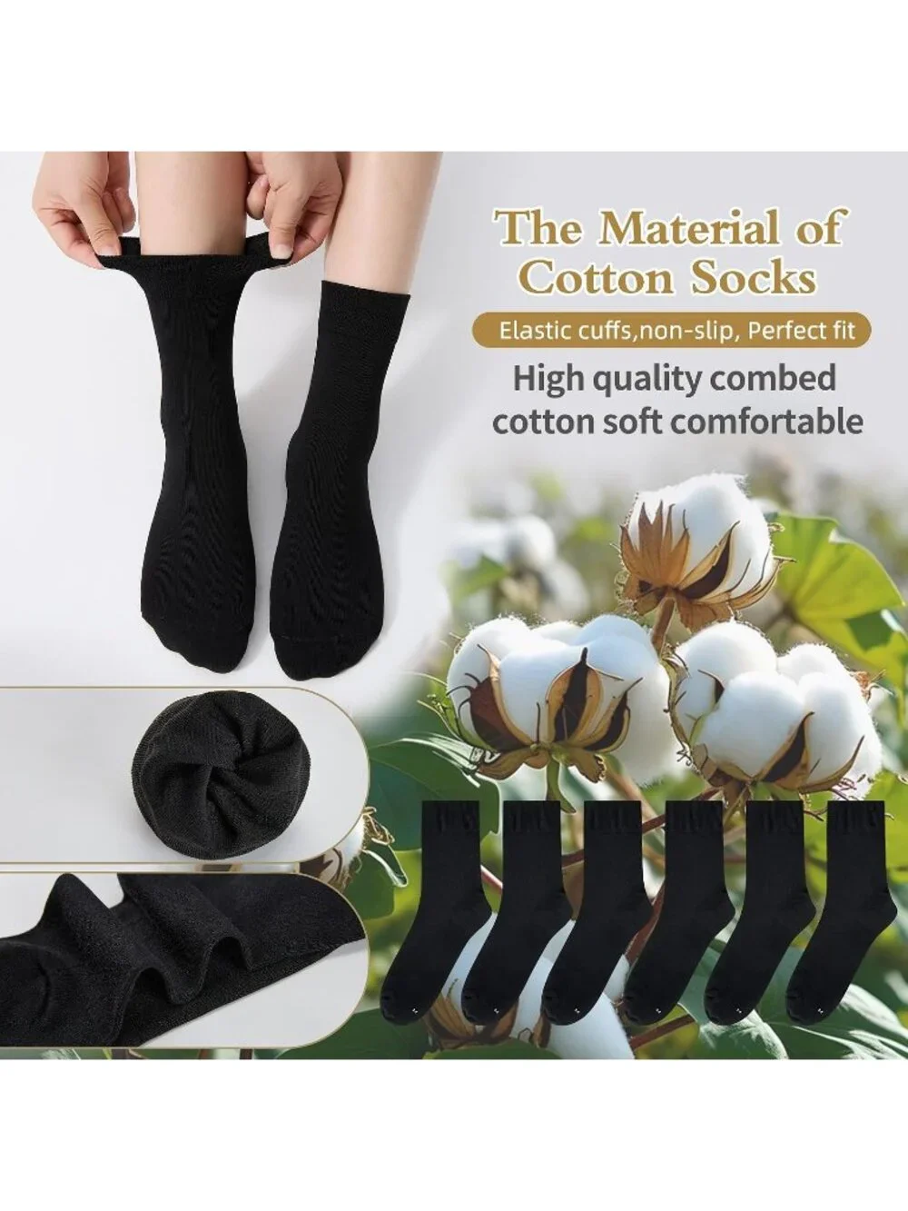 🧦Women's All Black 6 Pairs Thin Above Ankle Socks Cotton Crew Socks